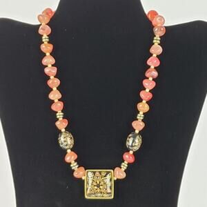 Red/Pink Accent Beaded Necklace with Lacquer Painted Double Sided Pendant